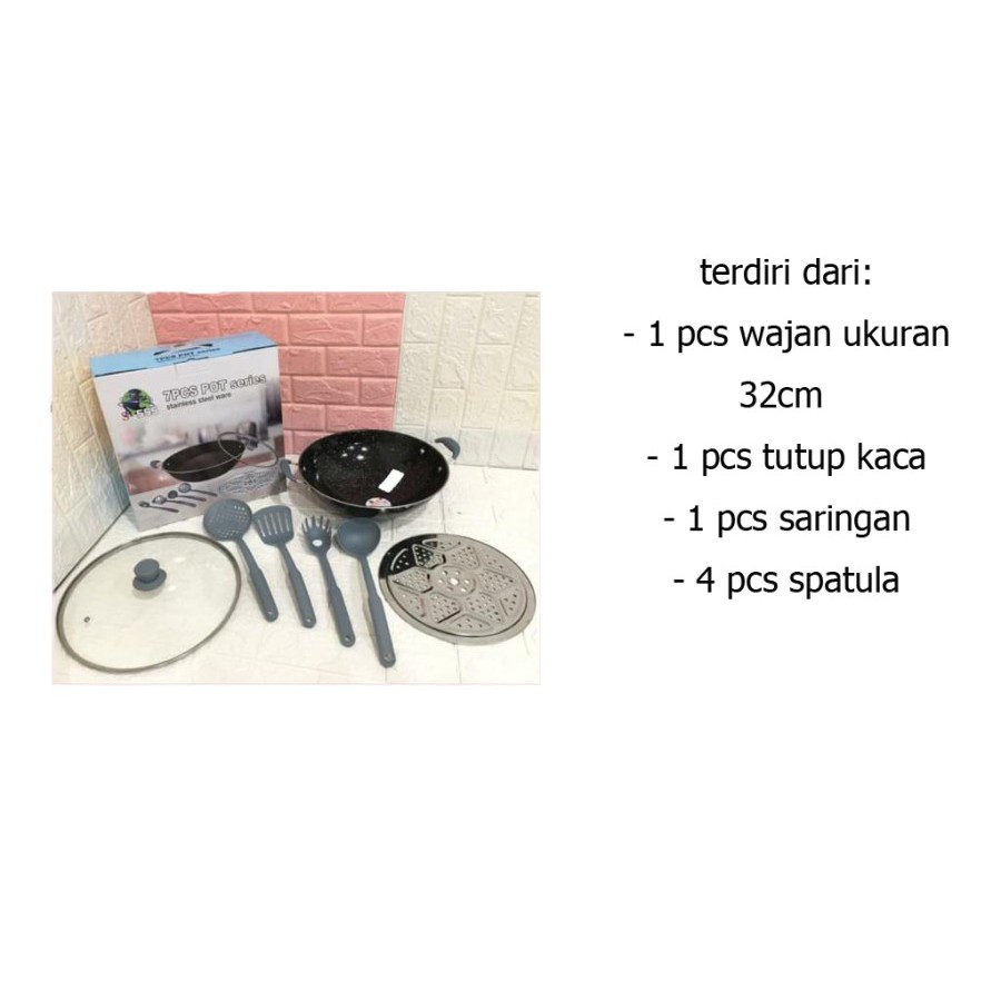 Wajan 7 Set 32cm Saringan Dengan tutup kaca plus spatula