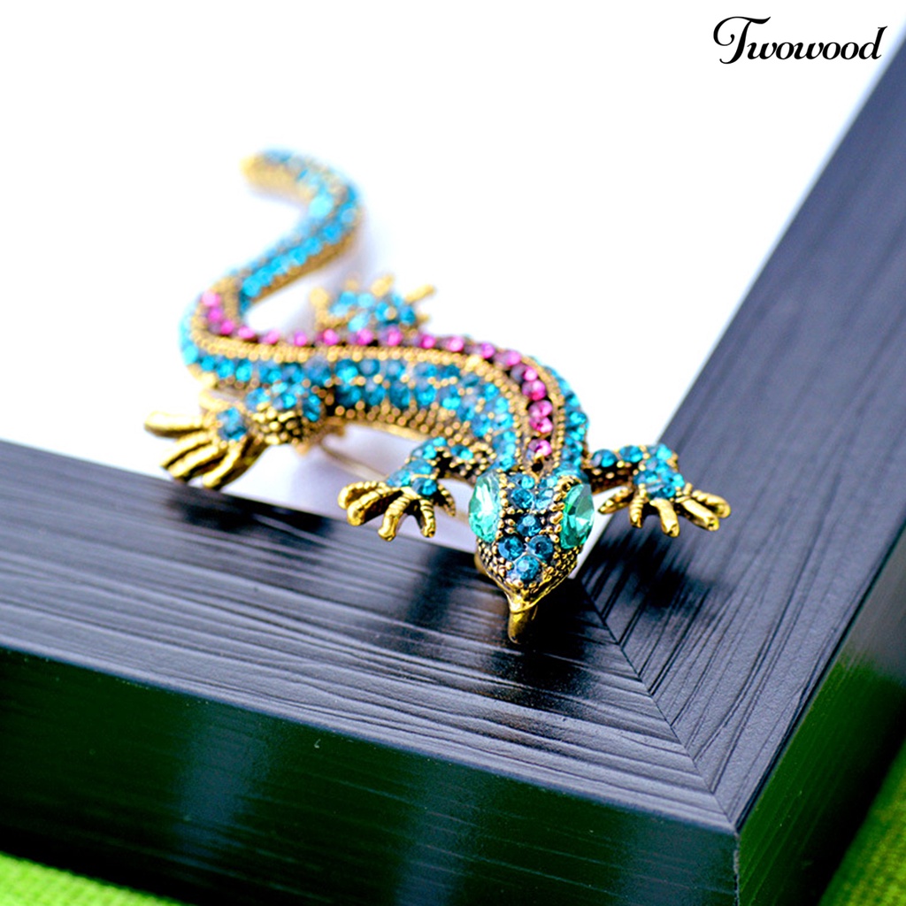 Twowood Unisex Brooch Pin Lizard Colorful Rhinestones Jewelry Vintage Long Lasting Blazer Brooch Clothes Decor