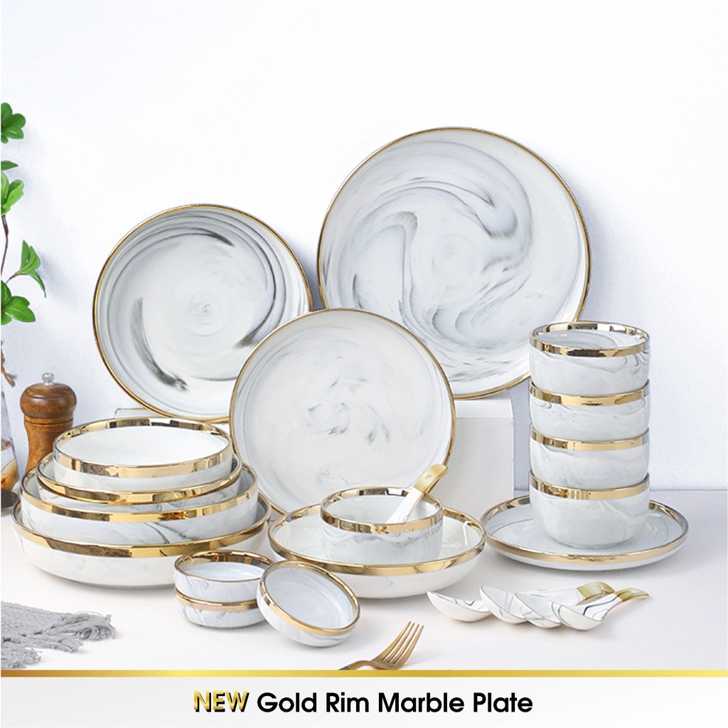 NEW MODEL Piring Mangkok Makan Keramik Ceramic Bowl Cantik Motif Marmer Marbel Marble Plate Gold Rim