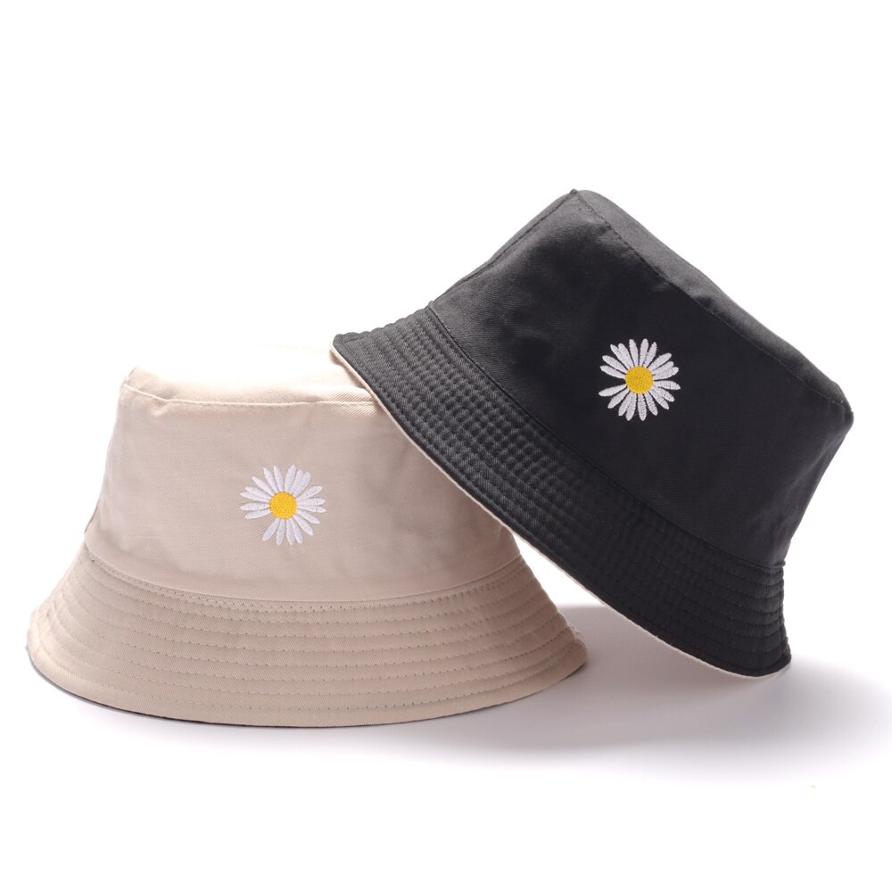 Topi Bucket Dua Sisi Anti Uv Motif Bordir Bunga Daisy Bahan Katun Twill / Bucket Bordir Bunga