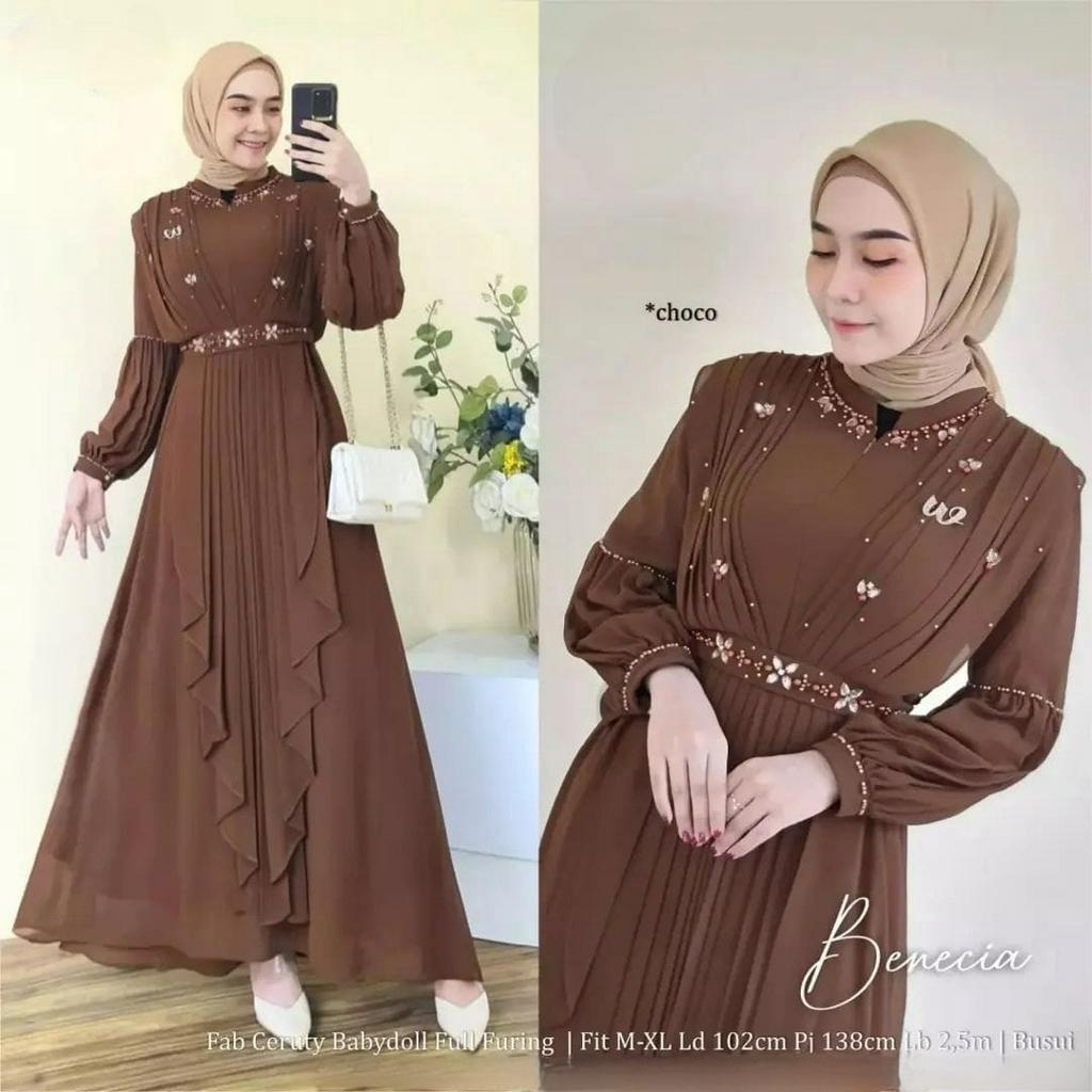 Benecia Maxy Dress Kondangan Aksen Payet Fashion Muslim Bahan Ceruty Babydoll Kekinian Baju Gamis Kondangan Pesta Terbaru 2023 Lengan Panjang Glamour Mewah