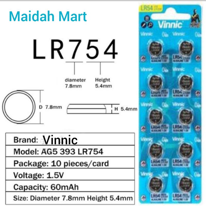 Baterai AG5 Vinnic L754F LR48 AG5 LR754 SR754 393 Baterei Alat Bantu Dengar