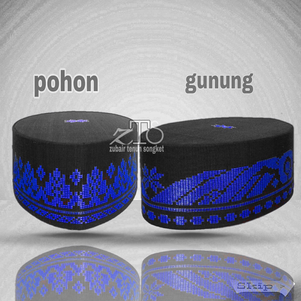 peci songkok HITAM BIRU TUA MOTIF GUNUNG DAN POHON songko kopia kopya topi lobe Zubair tenun Songket