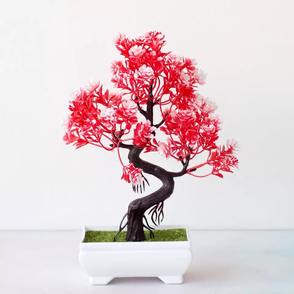 Artificial Flower Pot Bunga Plastik Pot Bunga Hiasan Pohon Buatan Dekorasi Rumah Motif Bonsai Hongyu-Red