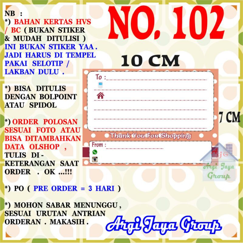 

Label Pengiriman Alamat Olshop Murah Nomer 102 - 10x7cm - Kertas BC (Manila)