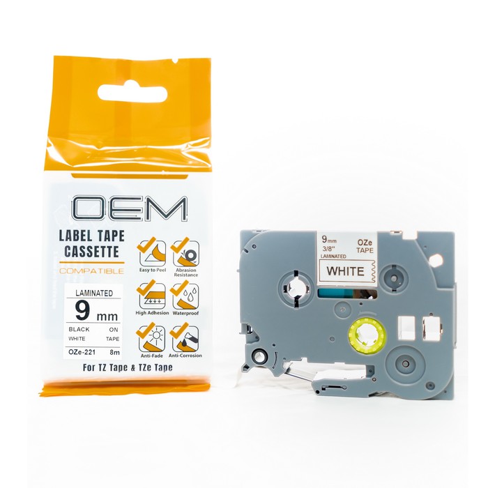 OZe-221 OEM LABEL TAPE BROTHER 9mm Black On White