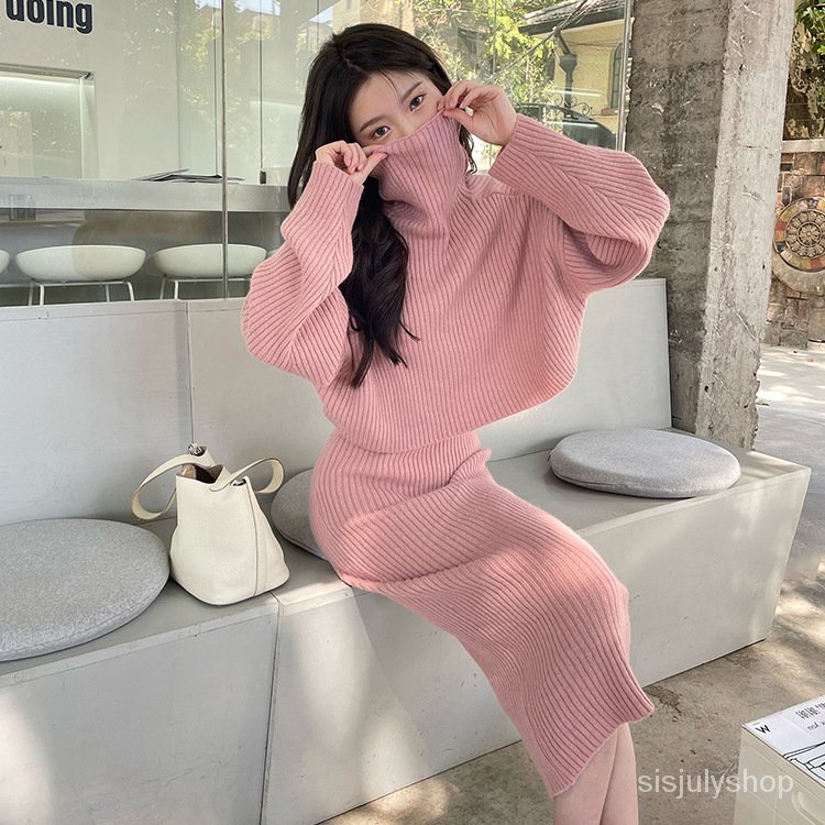 #Sisjuly# Gaun Rajutan Wanita Baru Gaun Kecil Setelan Sweater Rok Wanita Dua Potong