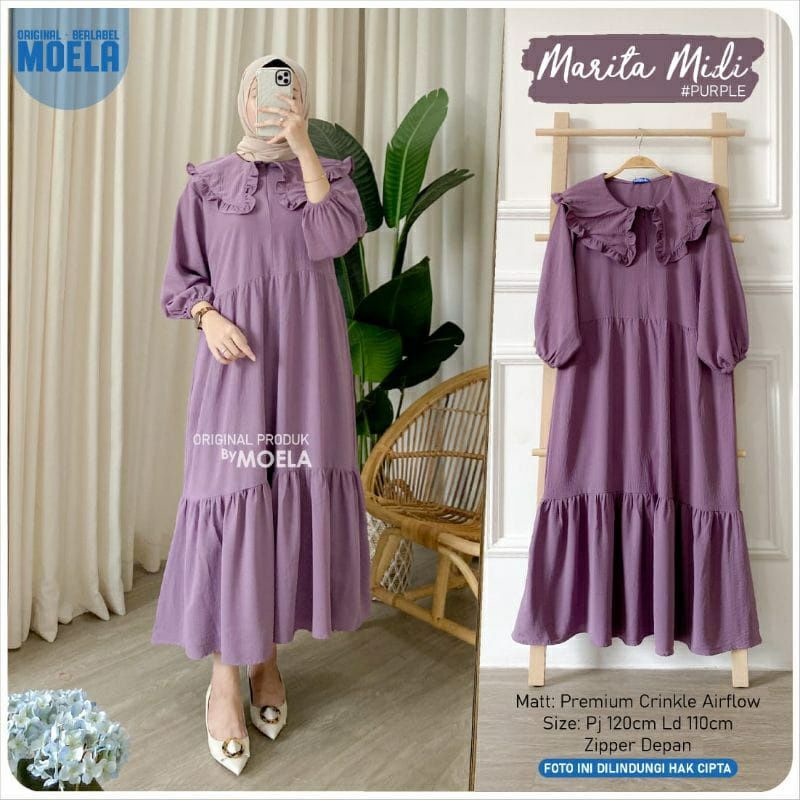 dress midi masitha crinkle airflow kerah rample