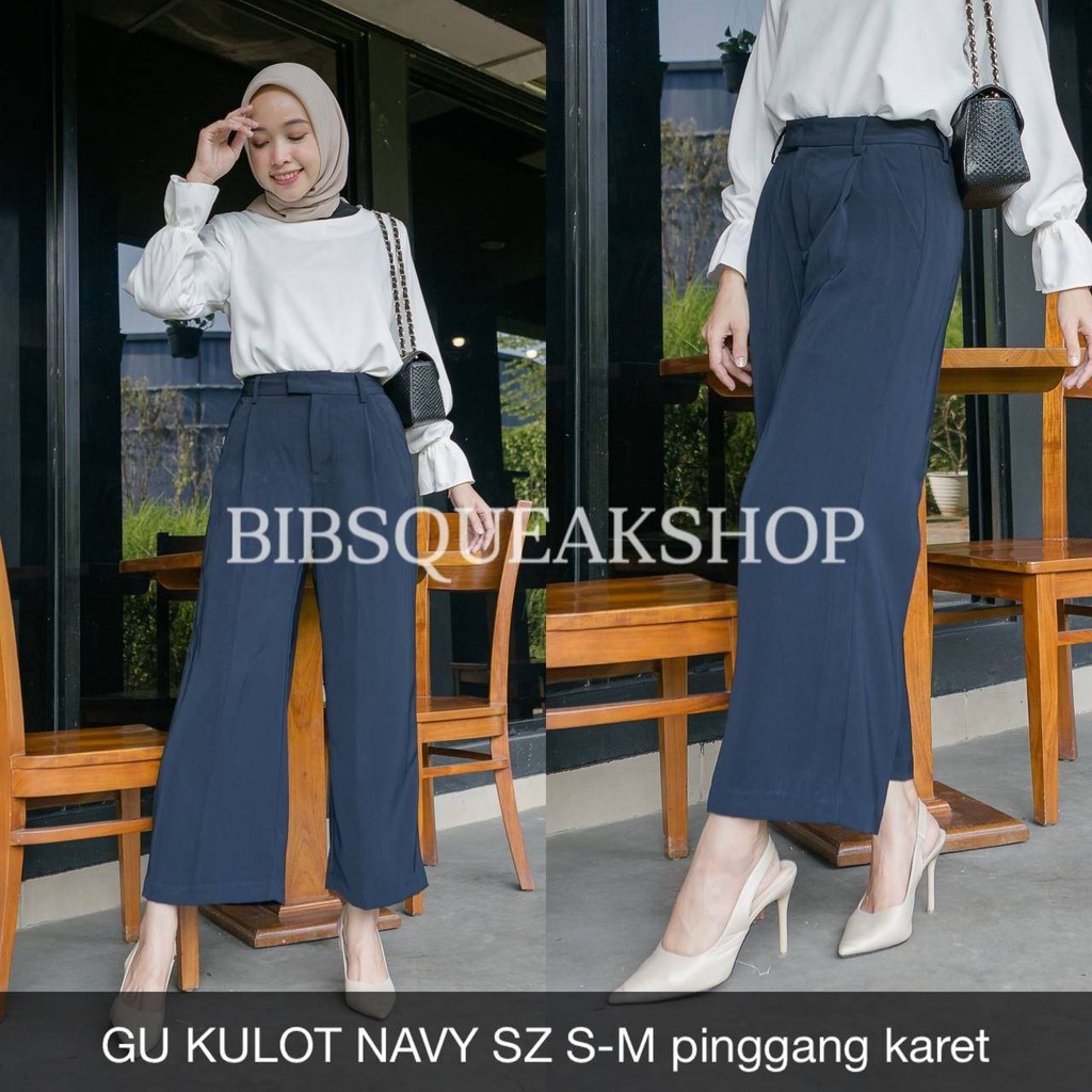 CELANA JEANS WANITA GU KULOT NAVY SZ S-M pinggang karet