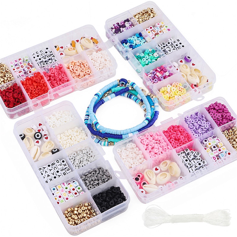 4mm Clay Slice Beads 1160Pcs /Set Mix Color Manik-Manik Huruf Akrilik Plastik Dengan Elascti Cord Untuk Gelang Mking Perhiasan Anak DIY