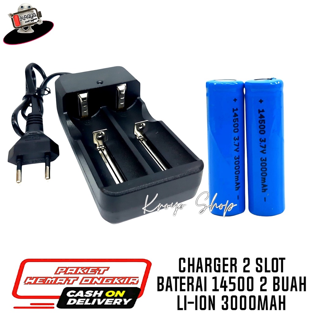 Charger + 2 Batterai 14500 Biru Li-ion 3.7Vv - 3000mAh Jenis LITHIUM