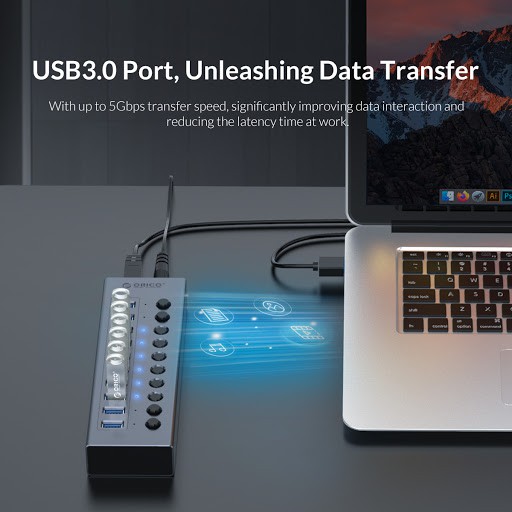 USB HUB 3.0 16 Port Orico Switch on off saklar with Adaptor Power BT2U3-16AB