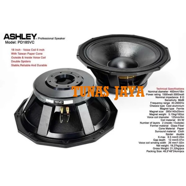 SPEAKER ASHLEY 18 INCH PD185VC ORIGINAL SPEAKER PD 185VC VOICE COIL 5INCH