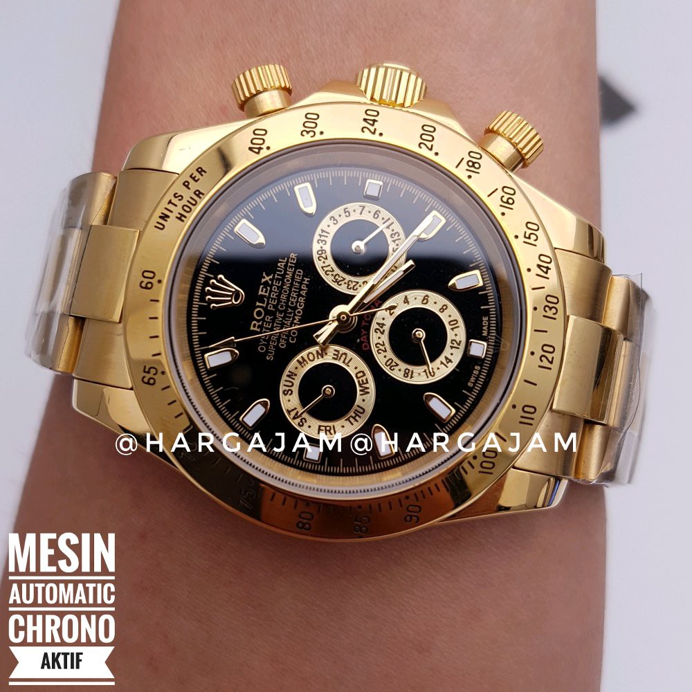 Jam Pria Automatic Rolex Oyster Perpetual Super Chrono Rantai Gold dial Black jam matic otomatis