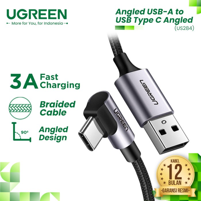 UGREEN USB-C Male 90° To USB 2.0 A Male Cable Nylon Braided - US284