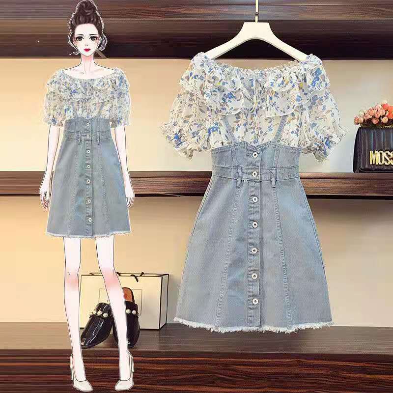 Big fat sister summer new suit women's foreign style thin shirt aging denim strap dress two-piece