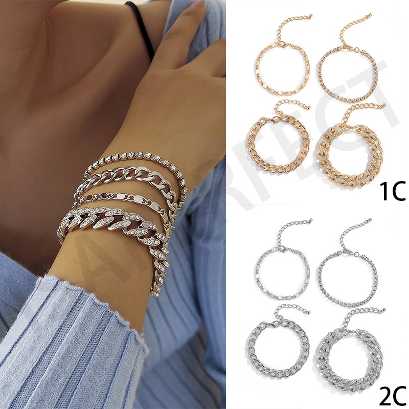 Eropa Dan Amerika Baru 4 * Pcs Set Rantai Tulang Ular Liar Wanita Kepribadian Sederhana Kuba Rantai Gelang Berlian Fashion Aksesoris