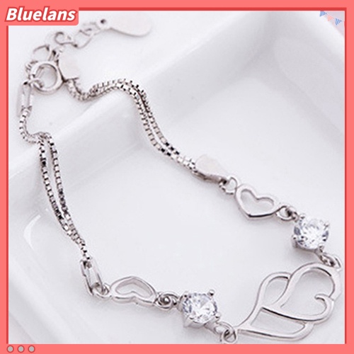 Bluelans Women 925 Sterling Silver Bracelet Rhinestone Love Heart Chain Bangle
