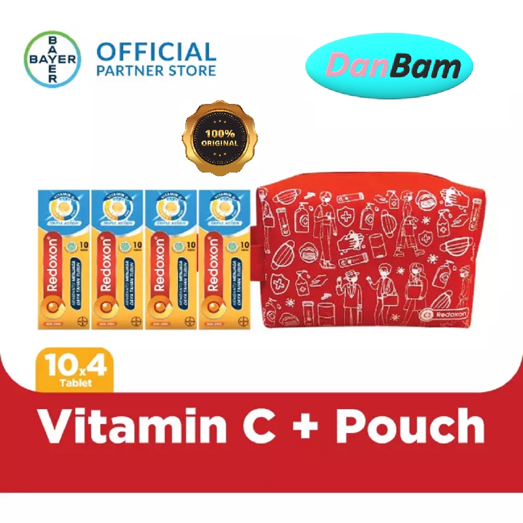 Redoxon Vitamin C, D &amp; Zinc Rasa Jeruk 10 Tablet x 4 unit &amp; Pouch