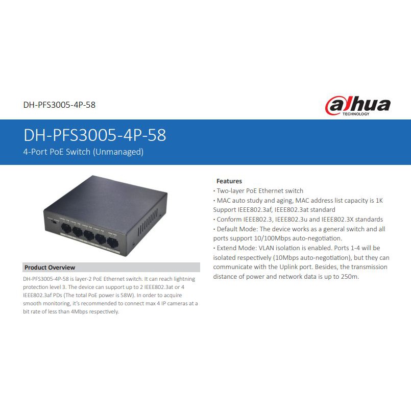 Dahua PoE Switches PFS3005-4P-58 4-Port PoE Switch (Unmanaged)