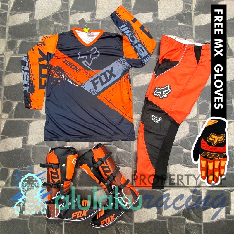 Jersey, Celana, Sarung Tangan &amp; Sepatu Fullprint with Protectors Fullset MX Trail Motocross - Paket Bundling FOCTFG170505-F45