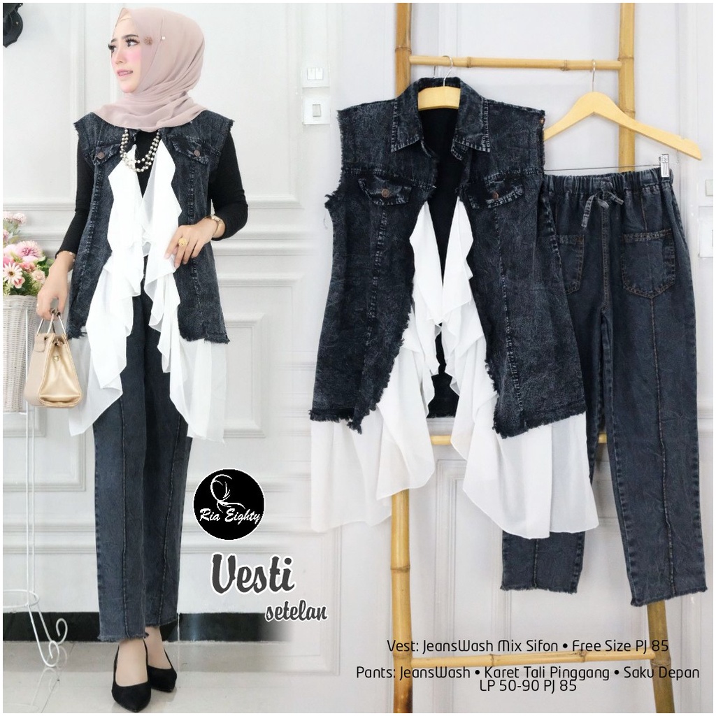 Vesti Set - baju dan celana muslim - gamis jeans - fashion jeans wanita - Model baru - jins - Setela
