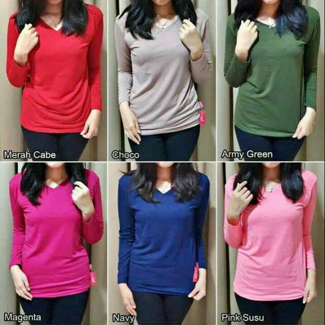 Kaos polos V-neck Langan panjang/kaos wanita lengan panjang harga murah meriah