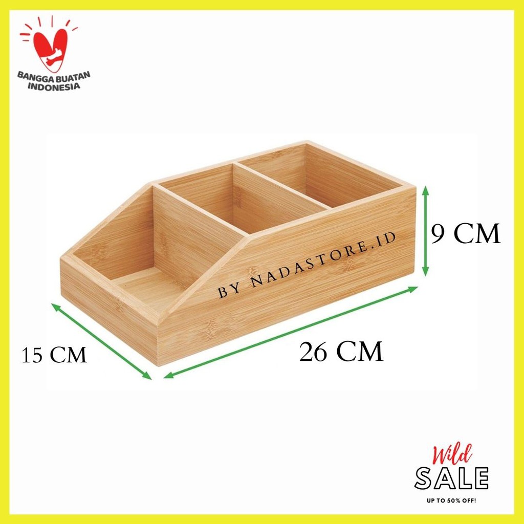 Wood Food Storage Bin with Divided 3 Compartments and Sloped Front for Kitchen Cabinet, Pantry W-012