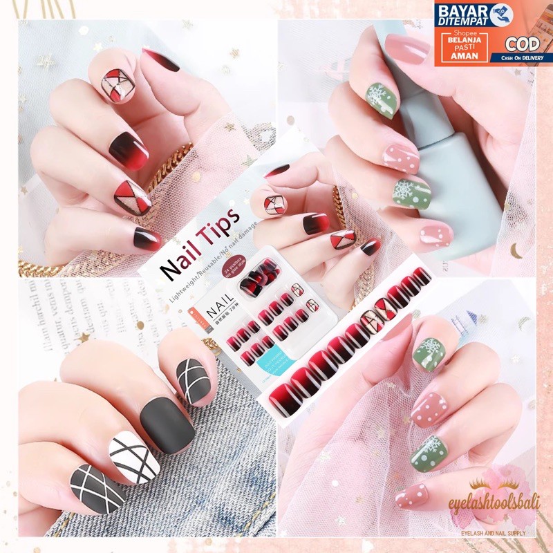 KUKU PALSU 24PCS DENGAN LEM FALSE NAIL TIPS CUTE MOTIF MULTI DESIGN GLOSSY OVAL COFFIN