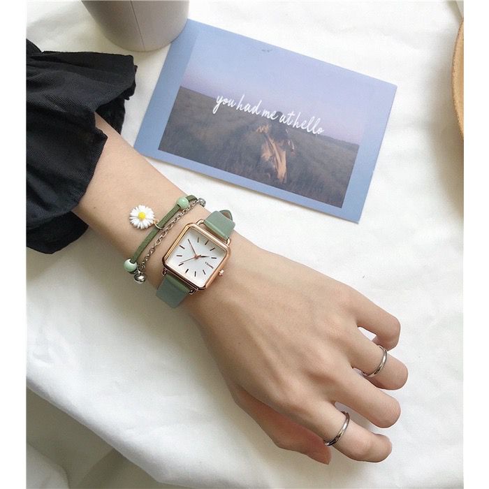 Jam Tangan Quartz Strap PU Analog Casual Gaya Retro Wanita Persegi Watch Korean Fashion RM029-HIJAU
