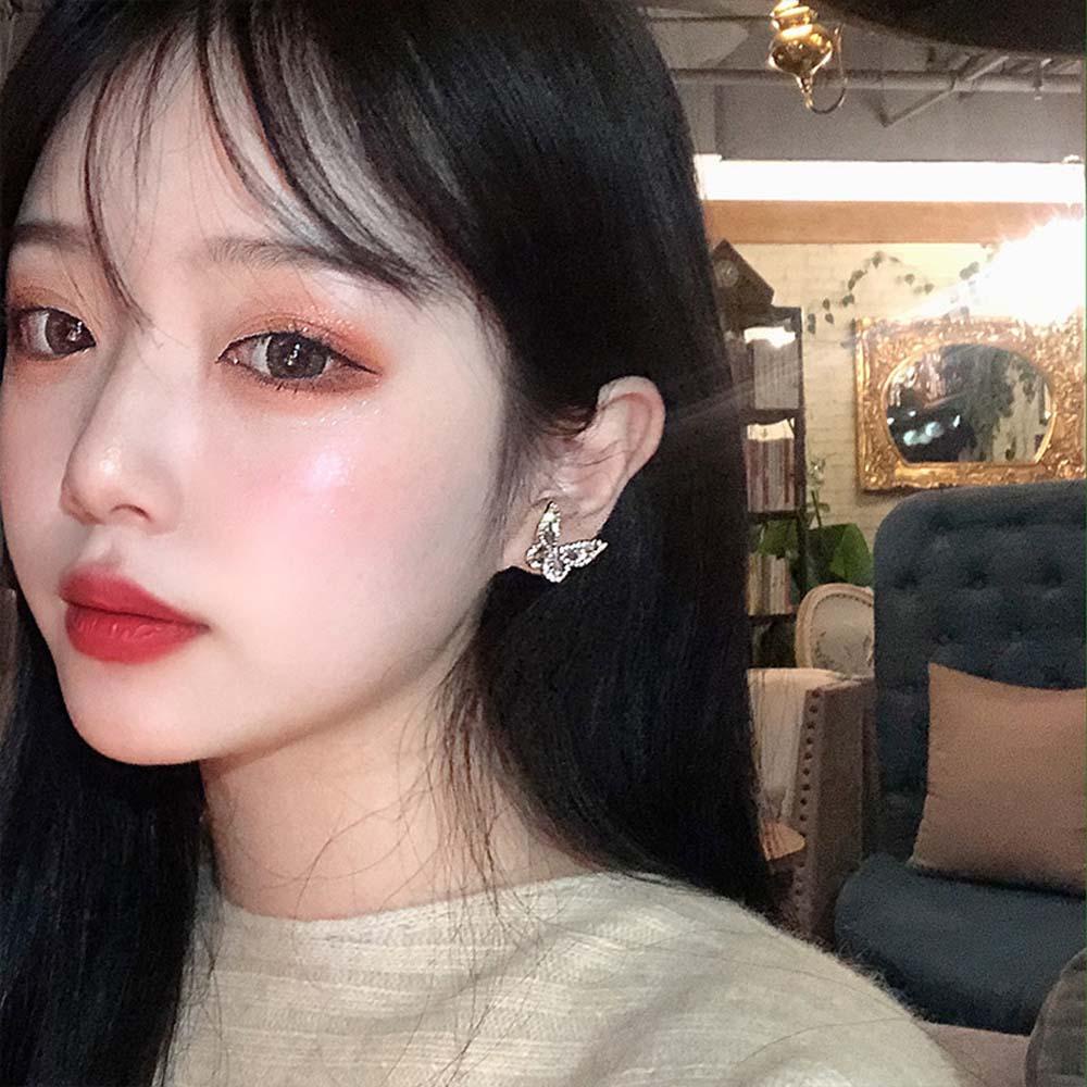 Anting Stud Silver Needle Bentuk Kupu-Kupu Kecil Aksen Berlian Imitasi Warna-Warni Gaya Korea Untuk Wanita