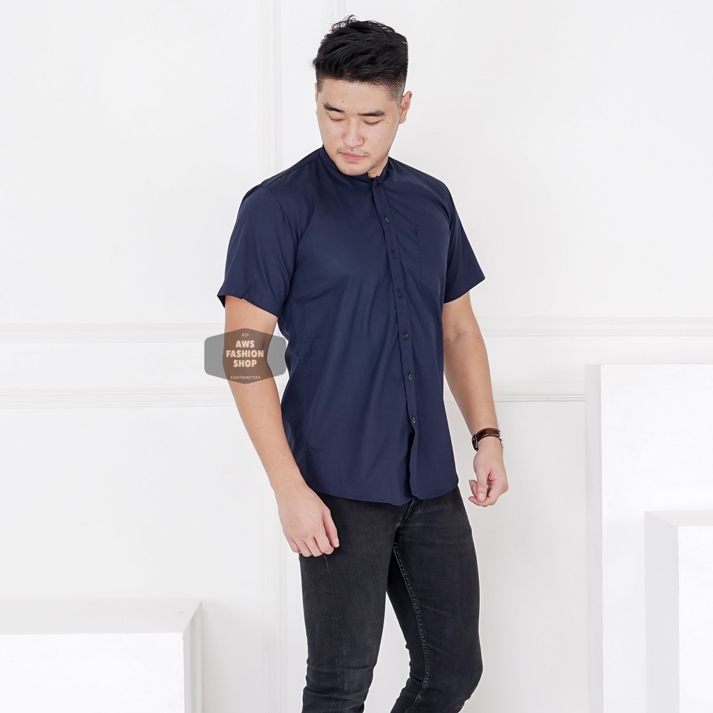 Kemeja Pria Lengan Pendek Cowok Kerah Shanghai Koko Biru Dark Blue Navy Casual Putih Hitam Maroon