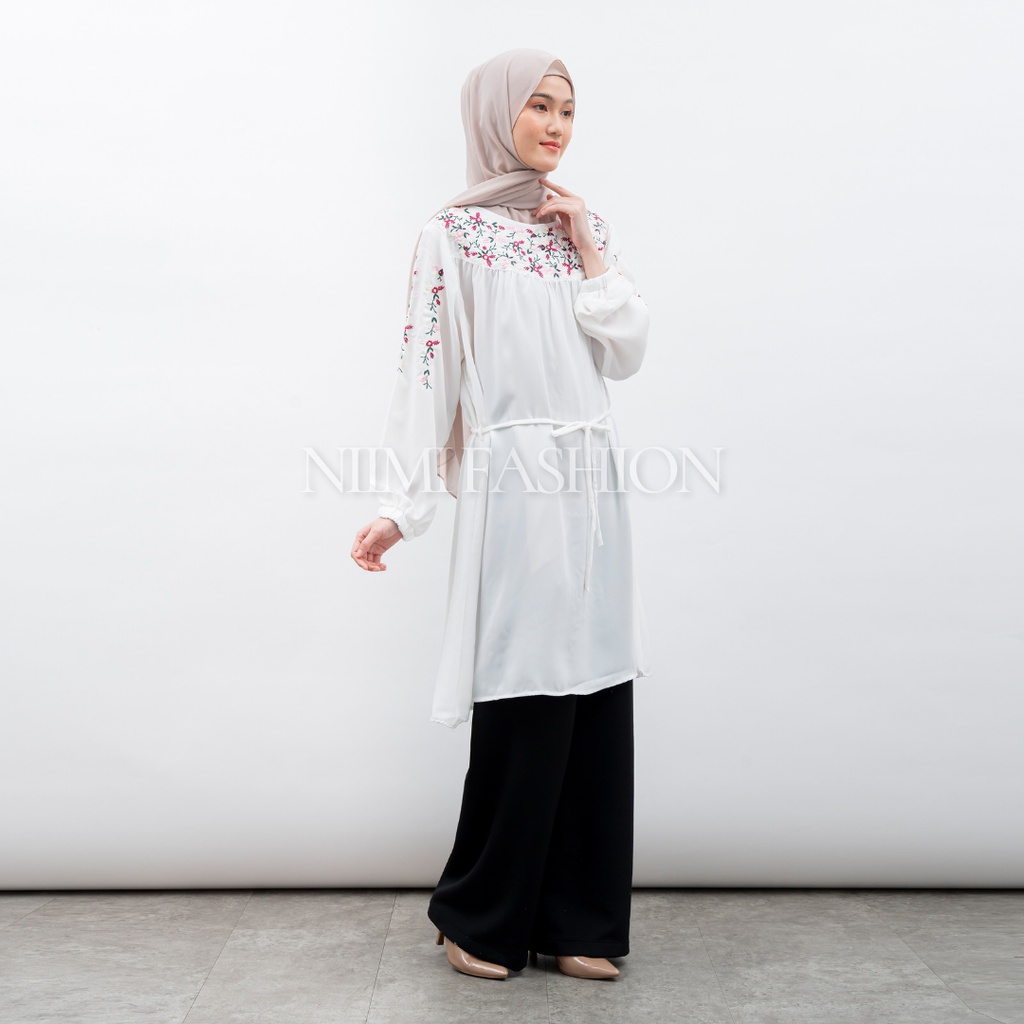 NIMI - Azela Tunik Putih Bordir Premium Atasan Long Tunik Putih Jumbo Bordir