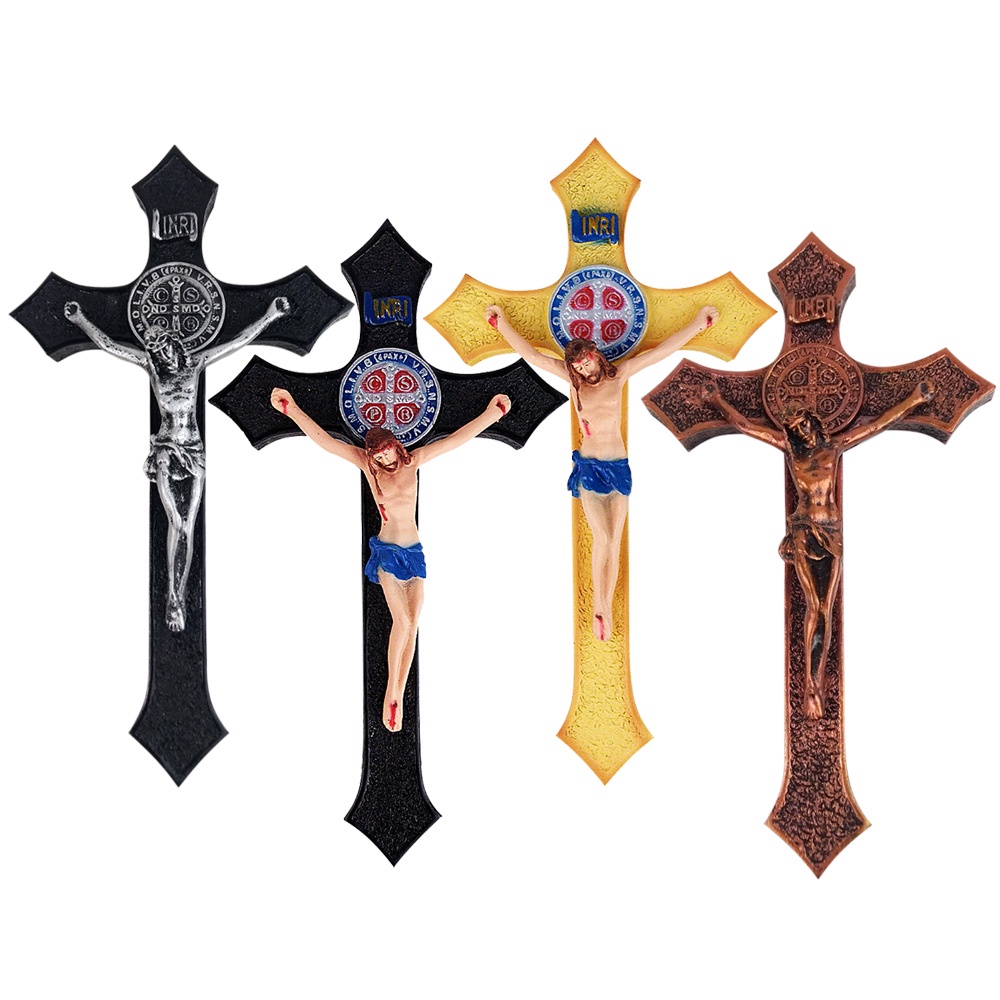 Salib Dinding Gantung Runcing Medali Benedictus Patung Courpus Tubuh Yesus Inri 22 cm