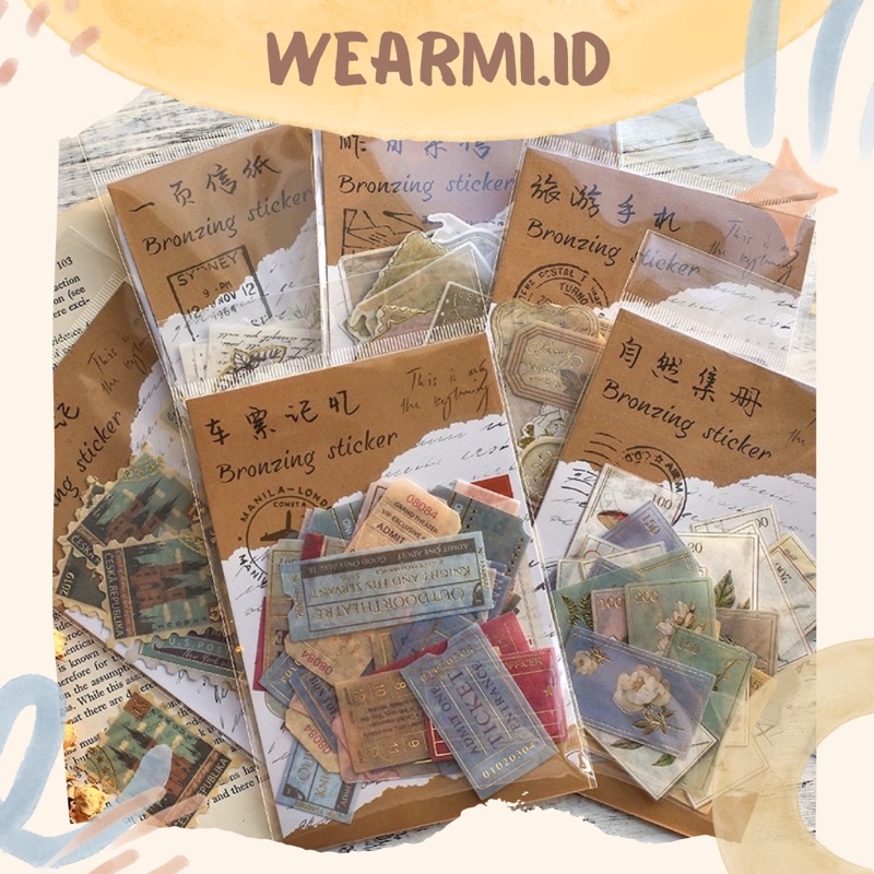 

40 pcs Sticker Pack Stamp Gold Motif Ticker Vintage Tanaman Travel Aesthetic Scrapbook Jurnal Bujo DIY