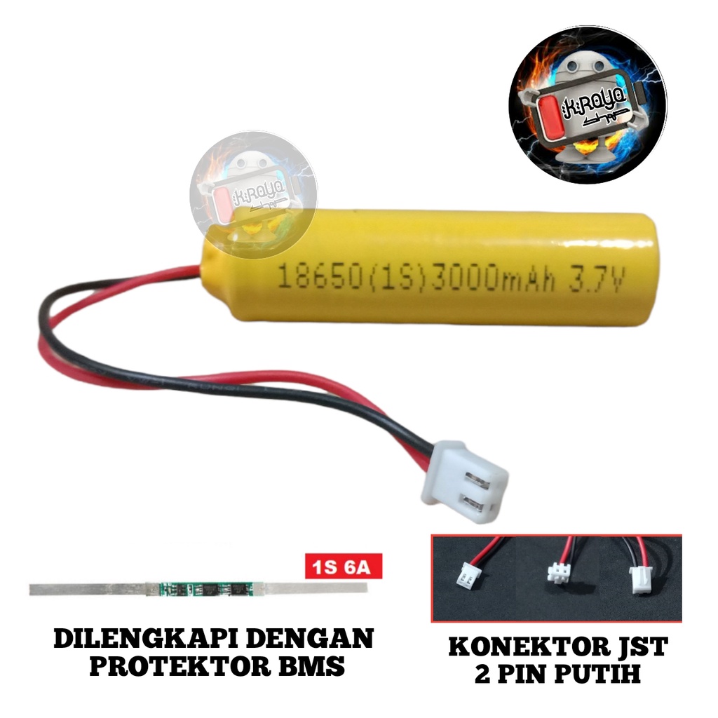 Baterai RC / Baterai Speaker / Baterai Mainan RC Lainnya 1x 18650-1S 3000mAh 3.7V Protektor BMS 6A Konektor JST 2 PIN PUTIH