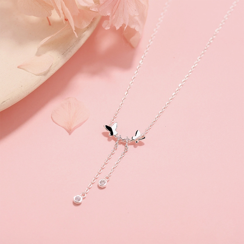 Perhiasan Wanita Kalung Liontin Necklace Kupu-kupu Ganda Rumbai Zirkon Versi Korea Perhiasan Necklaces Women Jewelry