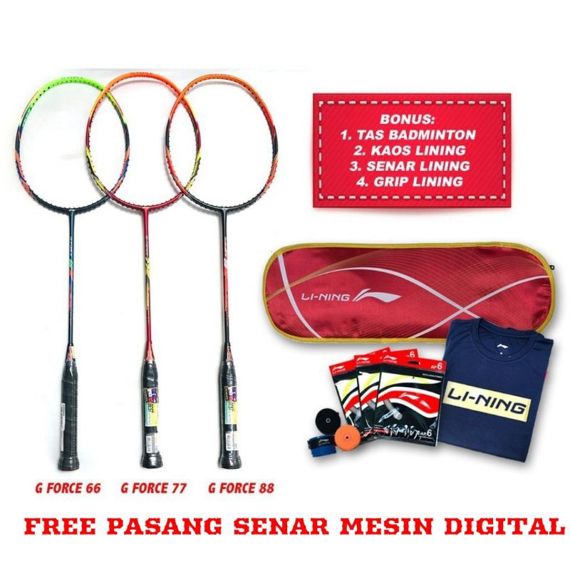 FULL SET Paket Raket Badminton LINING G FORCE 66 / 77 / 88 ORIGINAL