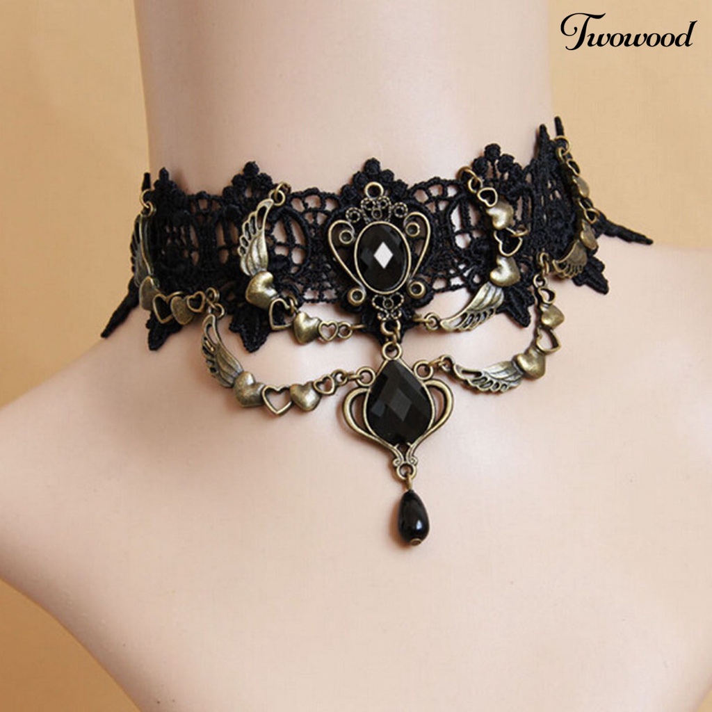 Kalung Gelang Cincin Bahan Lace Warna Hitam Gaya Gothic Punk Untuk Wanita