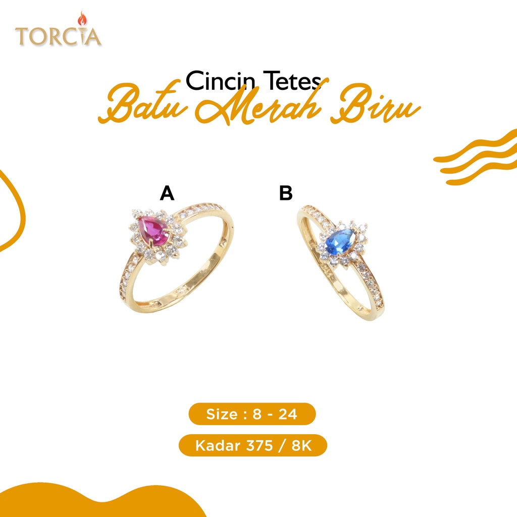Cincin Emas Asli Tetes Batu Merah Biru Kadar 375 Torcia