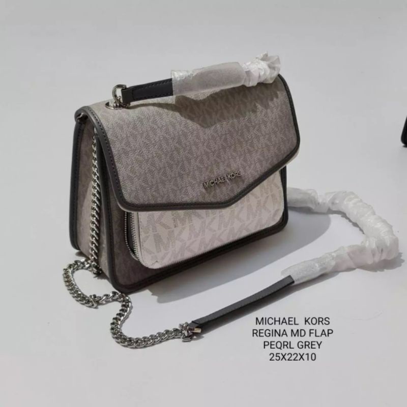 ORIGINAL MICHAEL KORS MK REGINA MEDIUM FLAP PEARL GREY