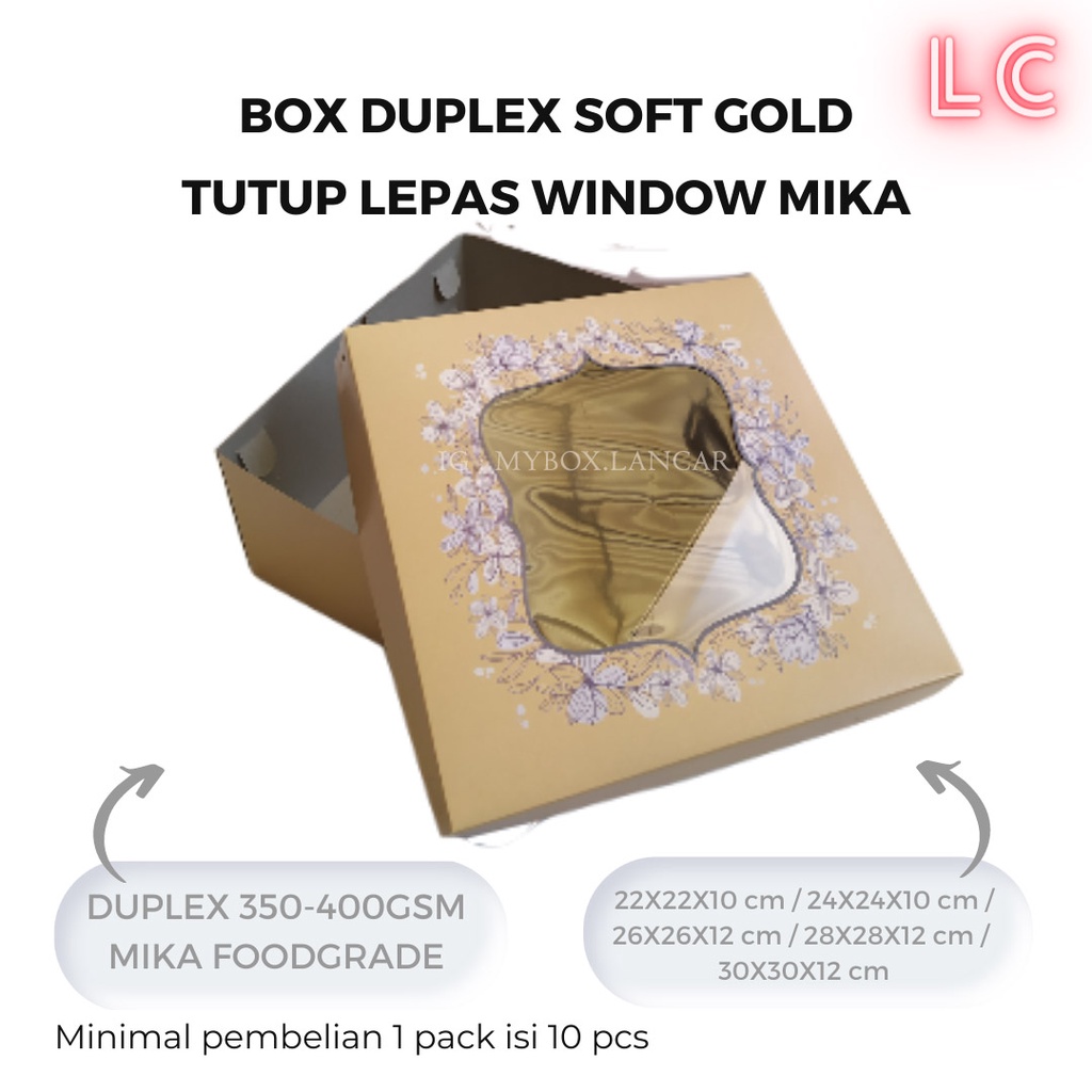 (10 LEMBAR) BOX KUE SOFT GOLD WINDOW MIKA 24 X 24 X 10 CM, DUS DOS KUE / KOTAK KUE CAKE KEMASAN HAMP
