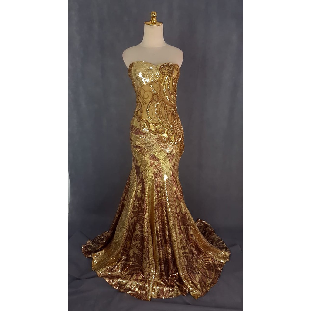 Gaun Pesta Elegan Gold Wanita 8899