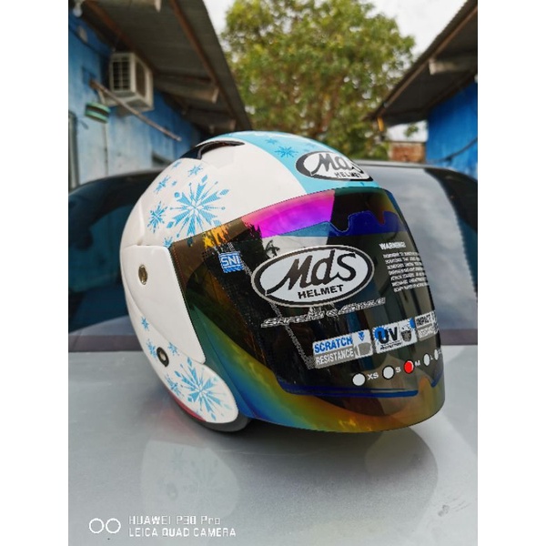 HELM MDS R3 FROZEN SISTER QUEEN WHITE BLUE HELM MDS FROZEN PUTIH BIRU HELM CEWE HELM MOTOR CEWEK MDS