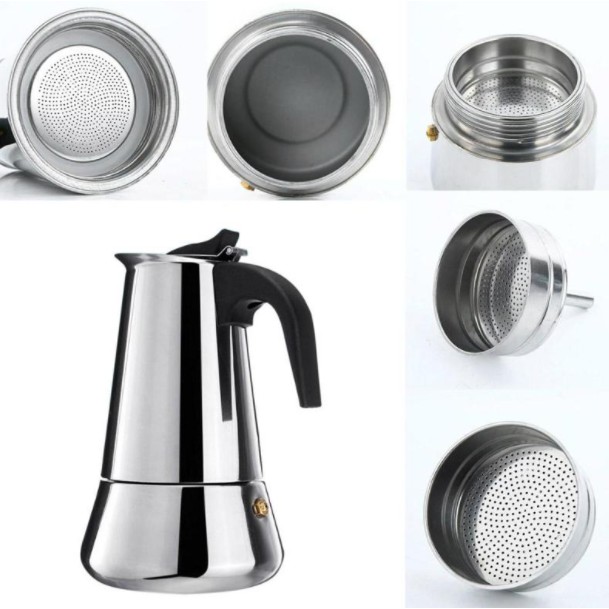 OneTwoCups Espresso Coffee Maker Moka Pot Teko Stovetop Filter 100ml 2 Cup 300ml 6 Cup -Z21 - Silver