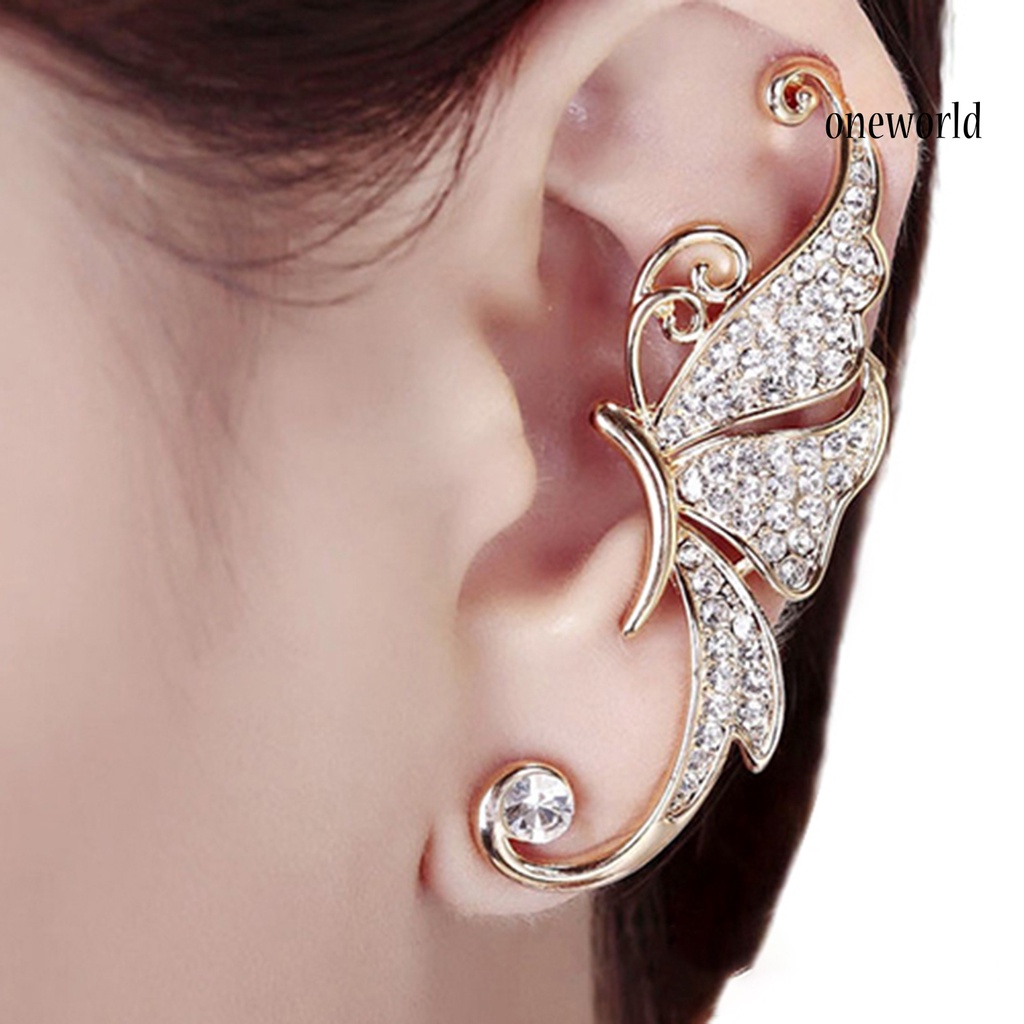 OW@ 1Pc Ear Cuff Butterfly Wing Shape Rhinestone Inlaid Women Fashion Wrap Earring for Party