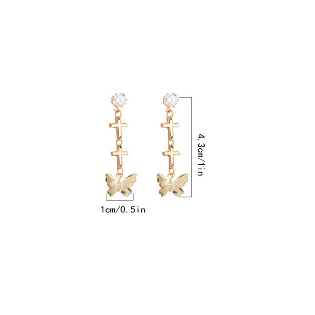 LRC Anting Tusuk Fashion  Butterfly Glass Rhinestone Cross Alloy Earrings K97911