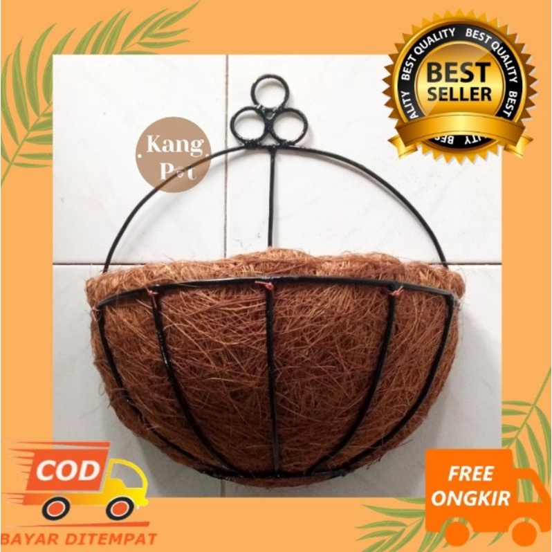 pot bunga sabut kelapa tempel lingkaran besi  bunga anggrek gantung