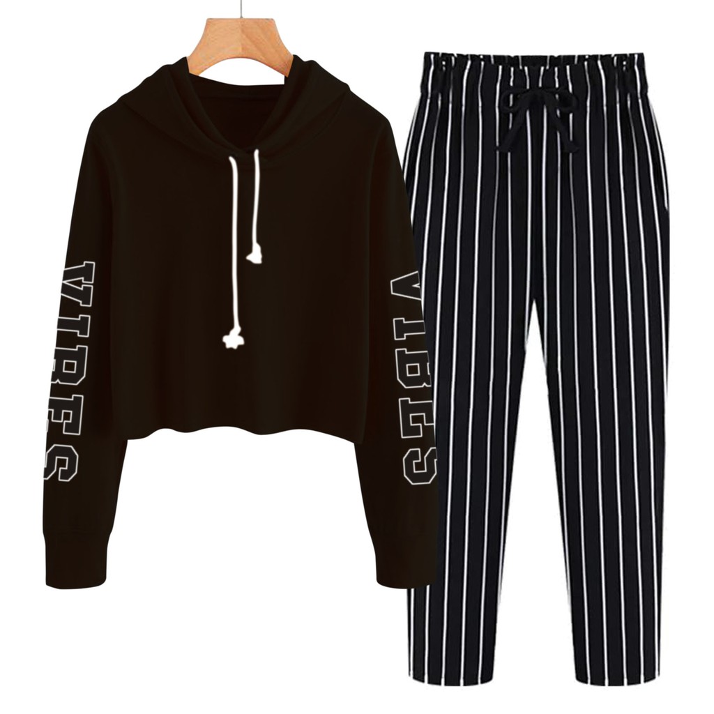 BESS - Baju Setelan Wanita Murah / Setelan Hoodie Crop + Celana Salur Hitam - VIBE TANGAN