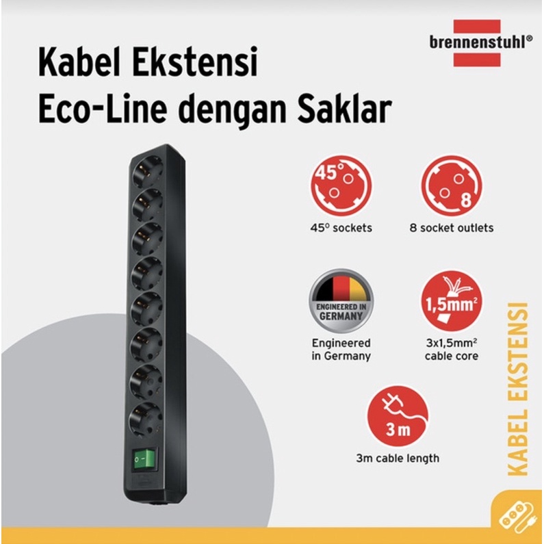 [GERMANY] BRENNENSTUHL Stop Kontak 8 Lubang Socket ECO LINK dengan Kabel 3M GERMANY